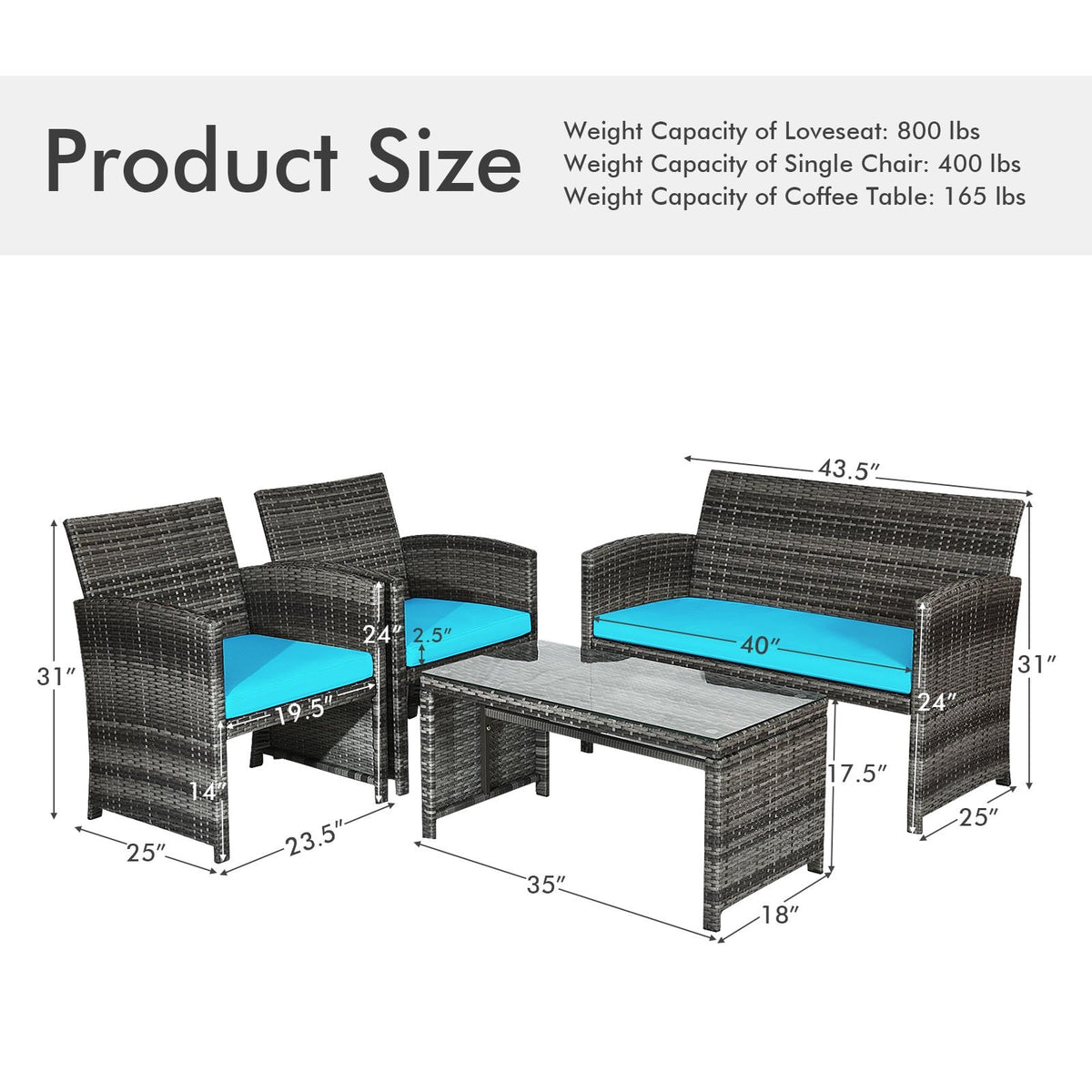 4 Pieces Patio Rattan Furniture Set with Cushions-Turquoise view 5