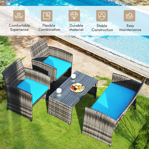 4 Pieces Patio Rattan Furniture Set with Cushions-Turquoise view 6