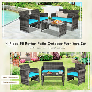 4 Pieces Patio Rattan Furniture Set with Cushions-Turquoise view 8