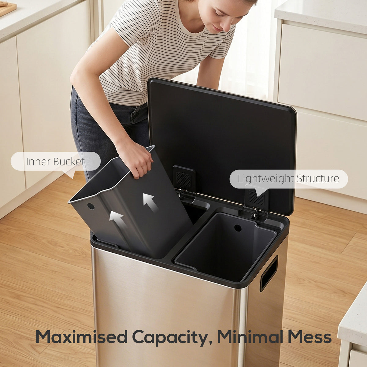 2 x 30L / 7.9 Gallon Dual Trash Can with Removable Inner Buckets and Handles for Kitchen, Office, Bathroom, Silver