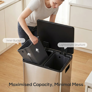 2 x 30L / 7.9 Gallon Dual Trash Can with Removable Inner Buckets and Handles for Kitchen, Office, Bathroom, Silver