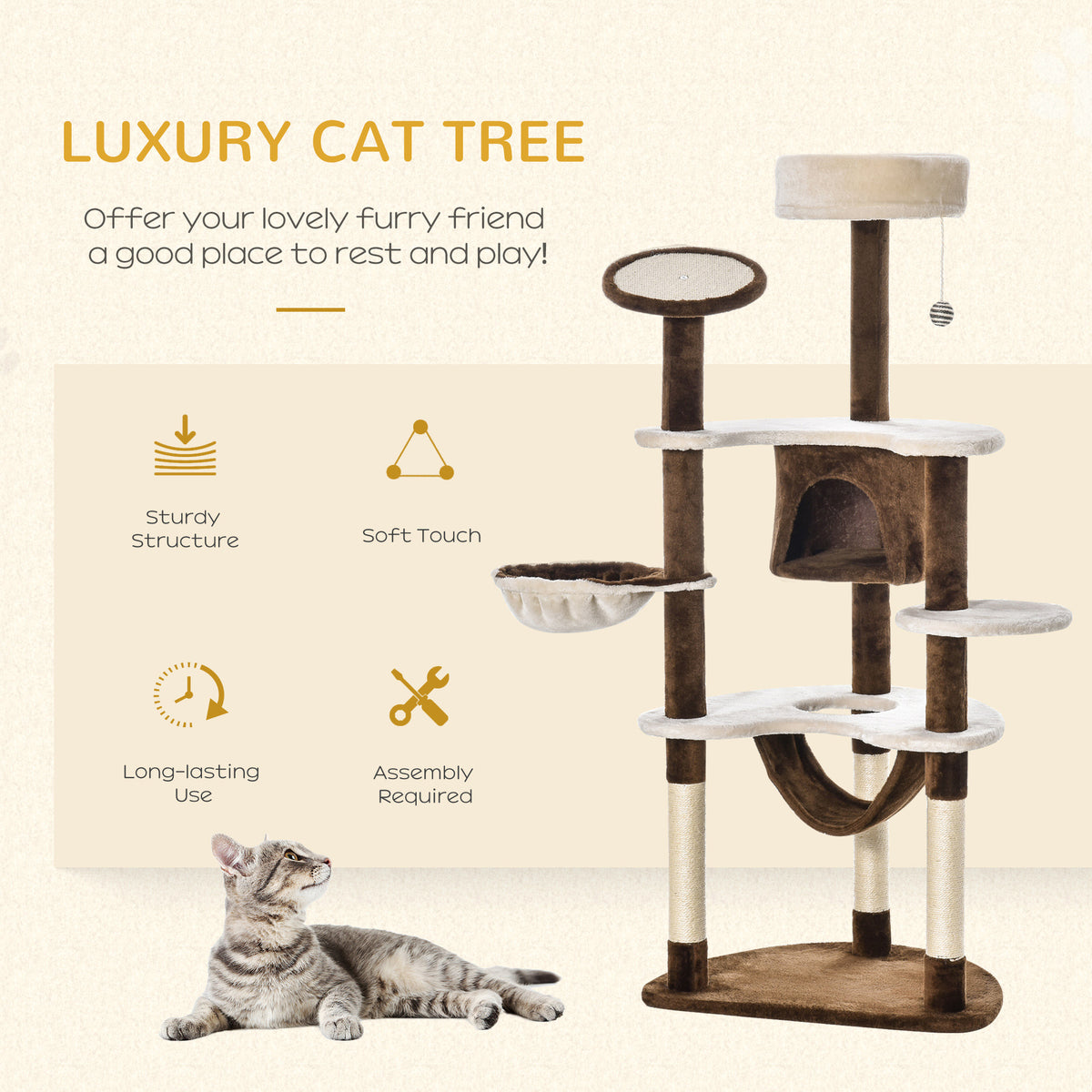60" Cat Scratching Tree, Cat Bed Condo Post House Pet Furniture Toys-Brown & Beige