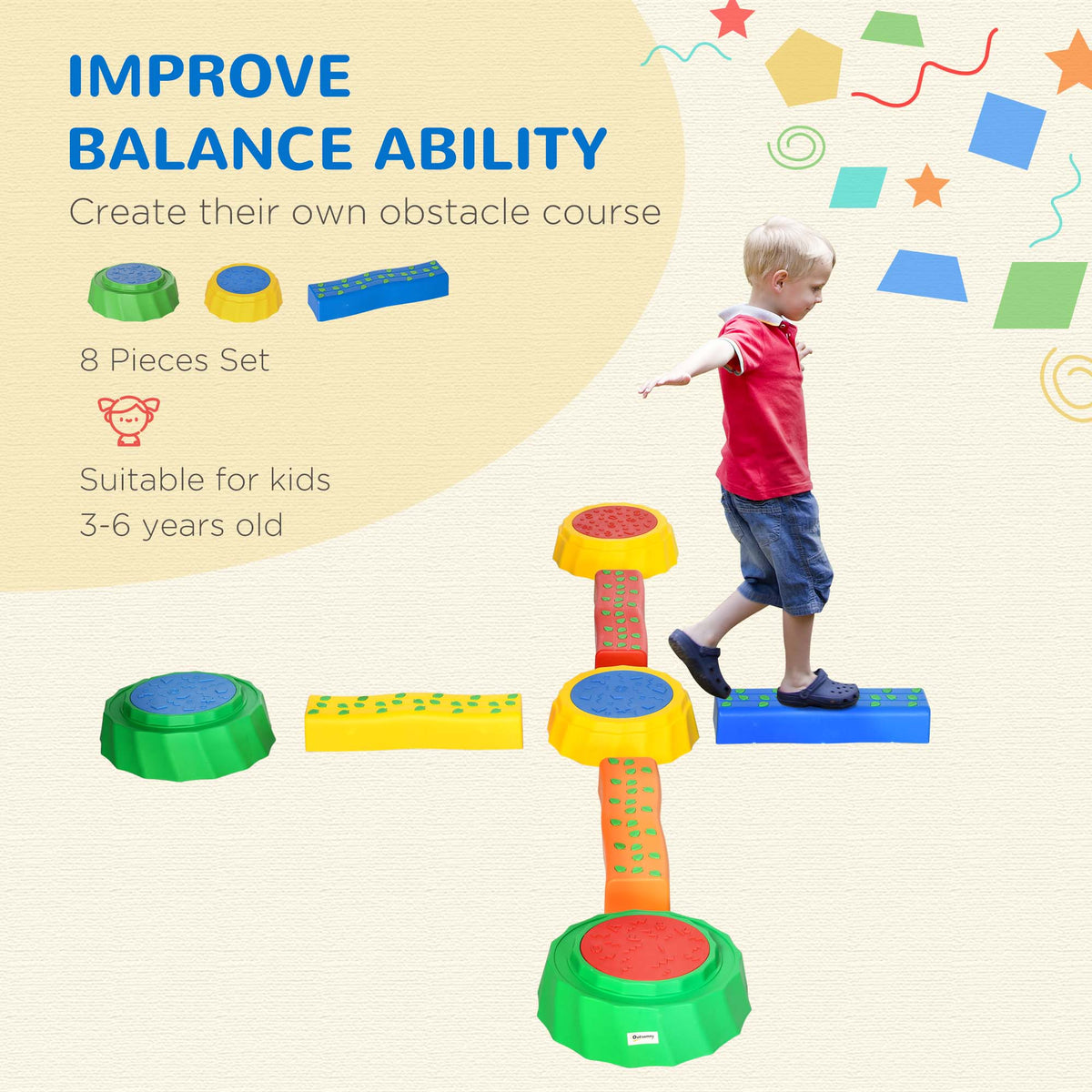 8pcs Balance Beam for Kids, 4 Sensory Pads and 4 Beams with Non-slip Surface & Bottom, Stackable Stepping Stones Kids for Boys Girls 3-6 Years, Multicoloured