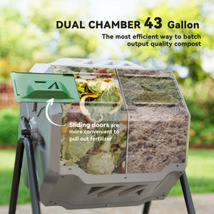 43 Gallon (160L) Tumbling Compost Bin Outdoor Dual Chamber 360° Rotating Composter with Sliding Doors – view 17