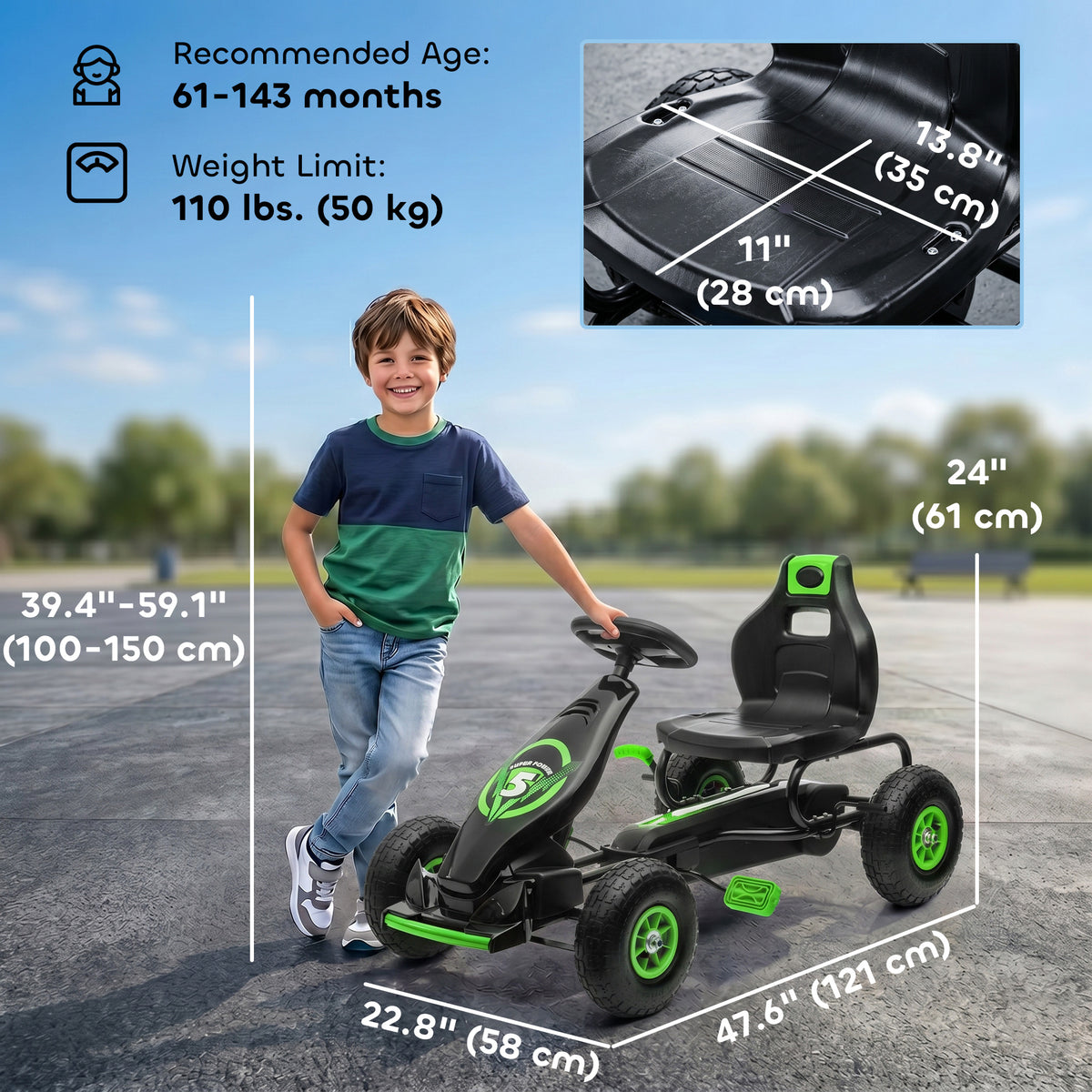 Pedal Go Kart w/ Adjustable Seat, Rubber Wheels Shock Absorb, Green