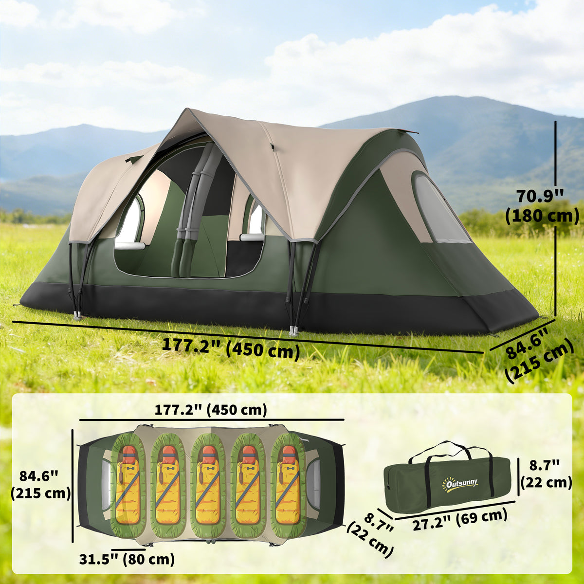 Camping Tent for 6 Man with 2000mm Waterproof Rainfly and Carry Bag for Fishing Hiking Festival, Dark Green – view 2