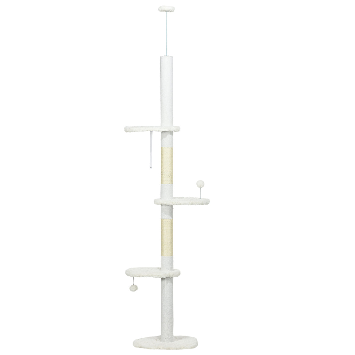 88.5"-100.5" Floor to Ceiling Cat Tree, Cat Tower with Scratching Posts, Cloud Shaped Platforms, Dangling Balls, Cream