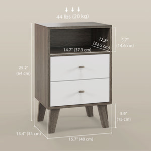 Nightstand Set of 2, Modern Bedside Table, Night Stand for Living Room with 2 Drawers and Open Storage, Grey