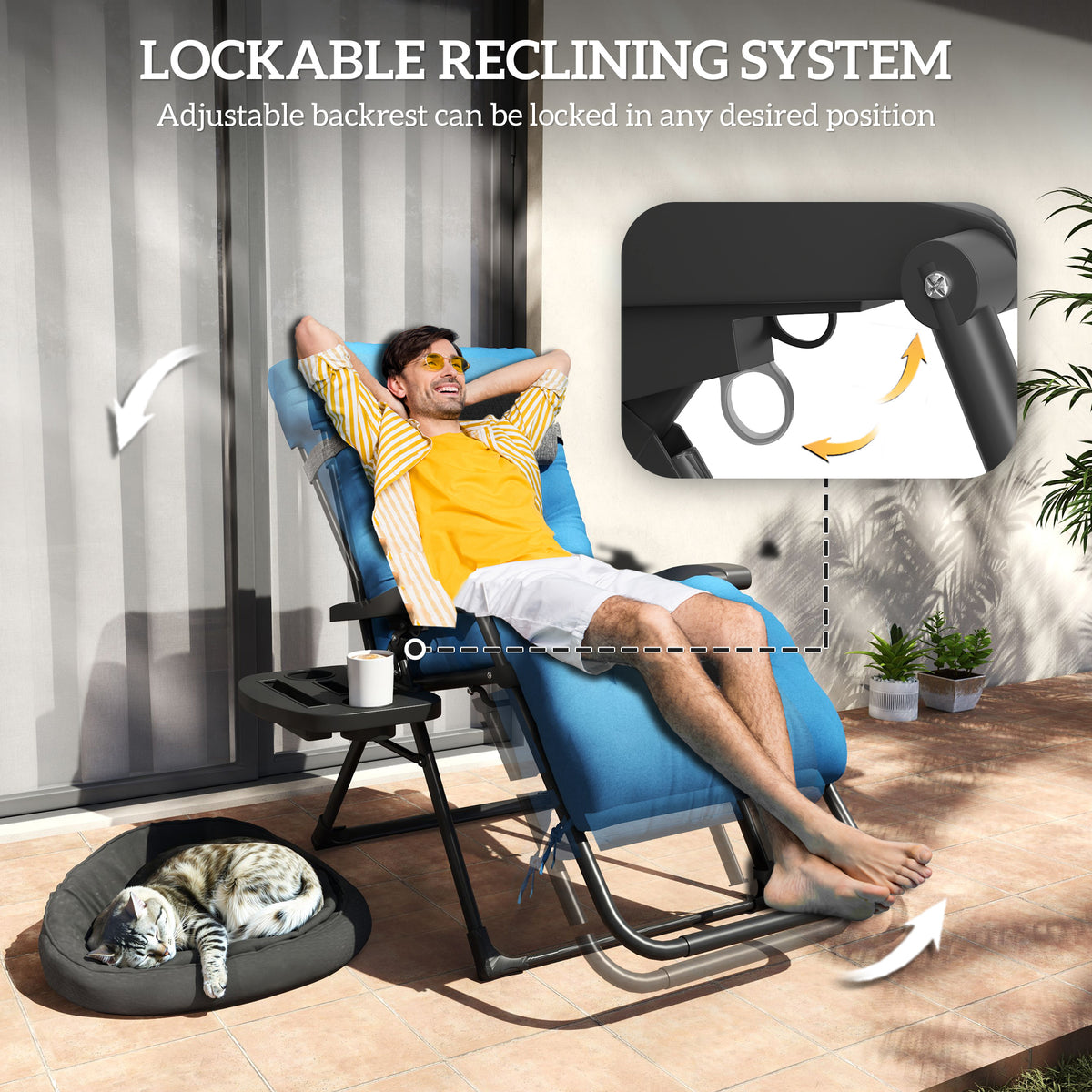 Padded Folding Recliner Chair, Patio Lounger with Cupholder, Adjustable Backrest, Removable Cushion, Black – view 31