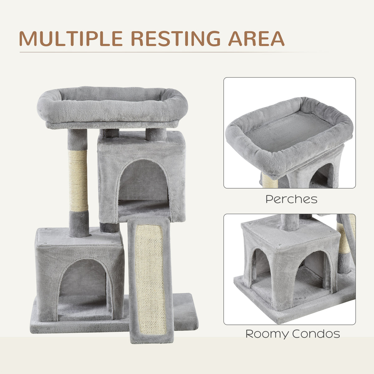 Plush Cat Tree Tower Activity Center with Sisal Scratching Post Scratching Board Perch Condo, Light Grey