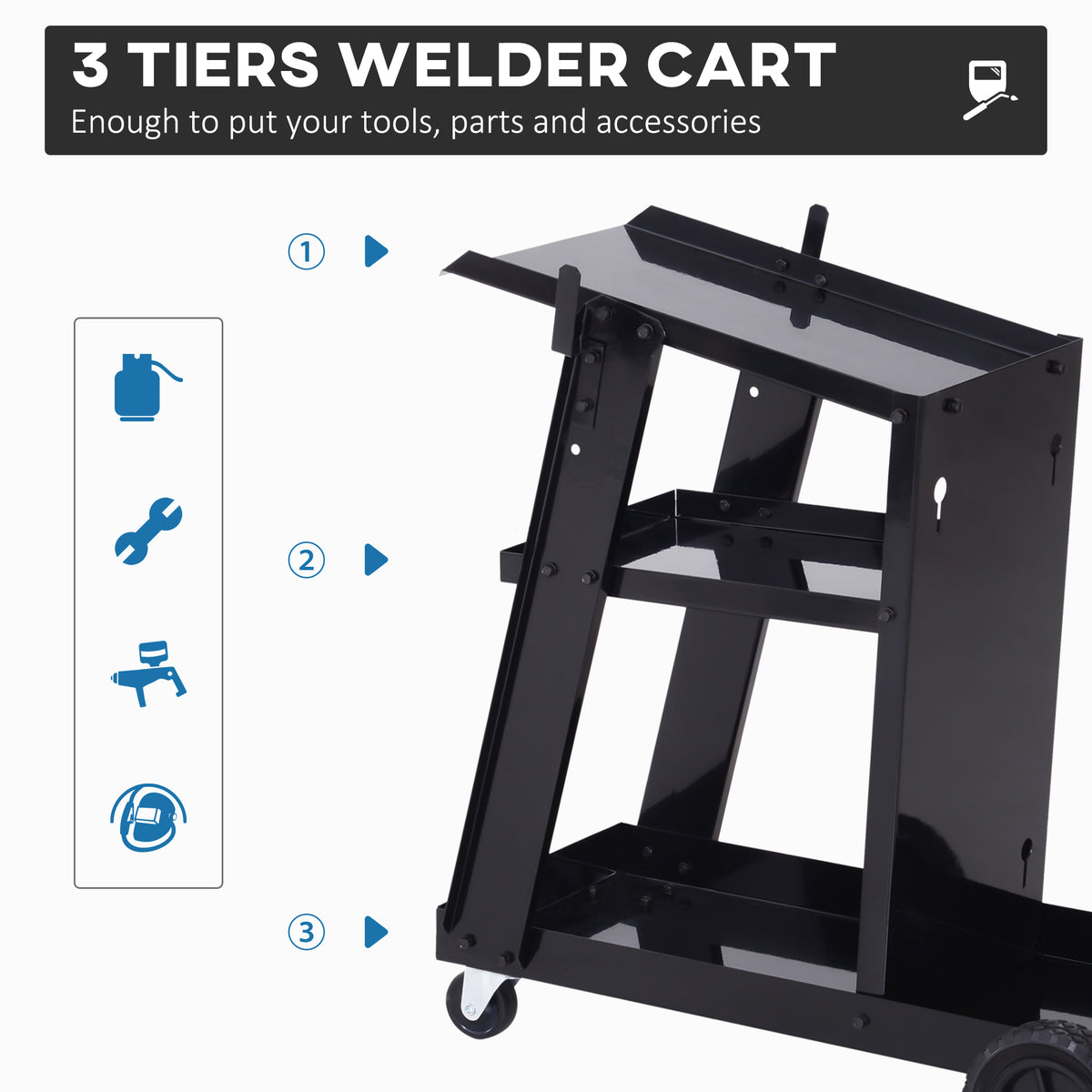 3 Tier Welding Cart Welder Trolley Garage Welding/Plasma Cutter Cart for Tanks Gas Bottles w/ Safety Chain Black