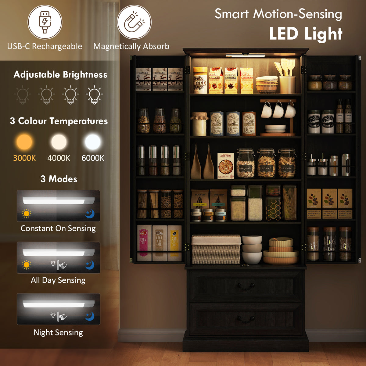 72" LED Kitchen Pantry Cabinet, Buffet Storage Cabinet with 10 Door Shelves – view 3