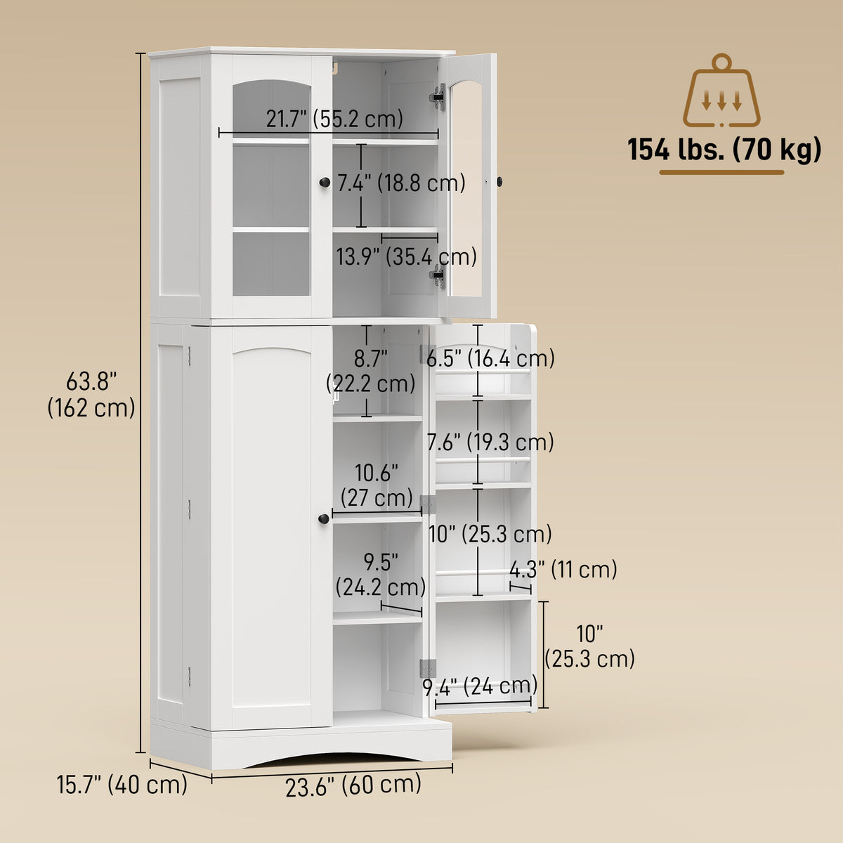 64" Tall Kitchen Pantry Cabinet, Kitchen Cabinet with Soft-Close Acrylic Doors, 10 Shelves, 8 Door Racks, White