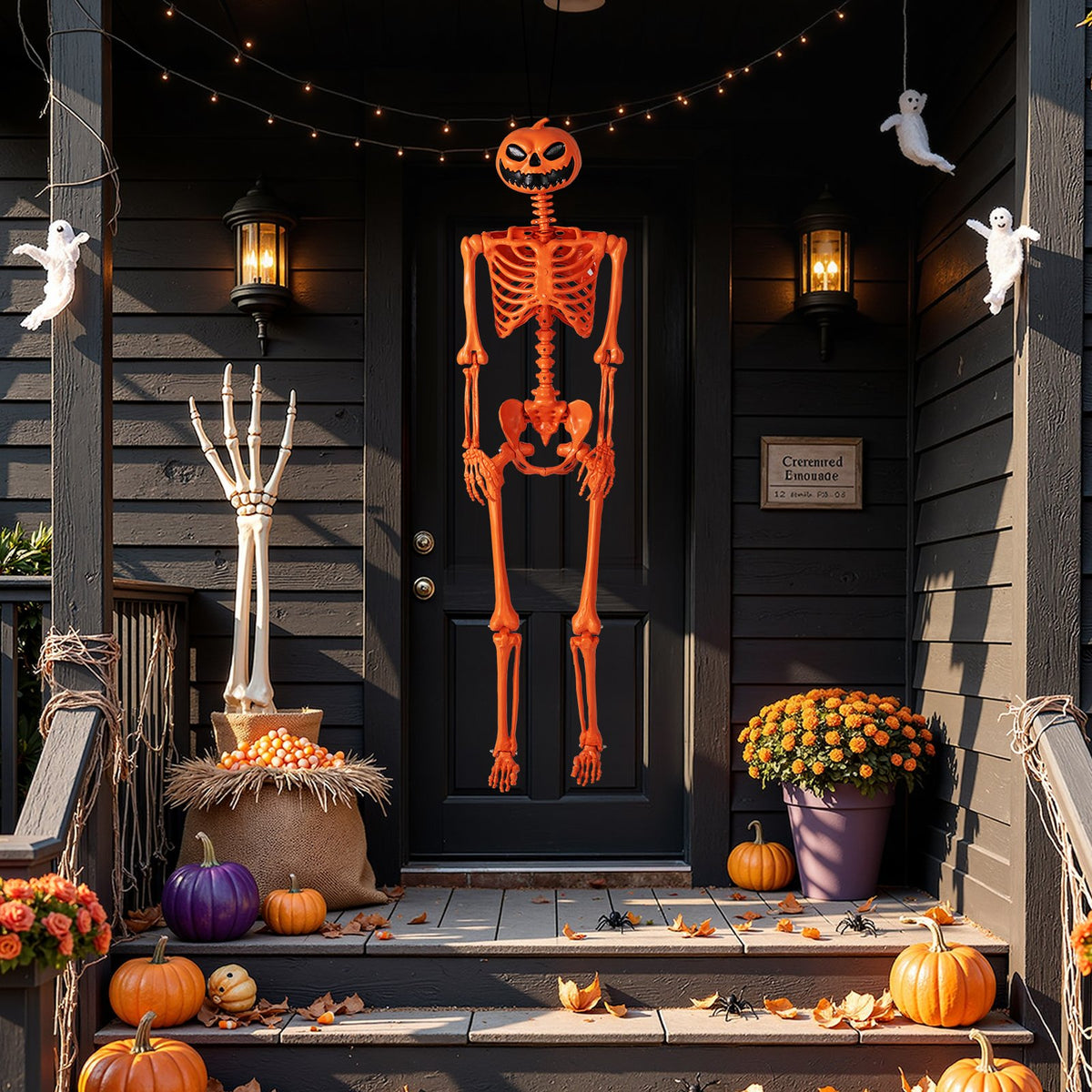 5.2 FT Orange Life-Size Poseable Halloween Skeleton with Pumpkin Head and Movable Joints view 2