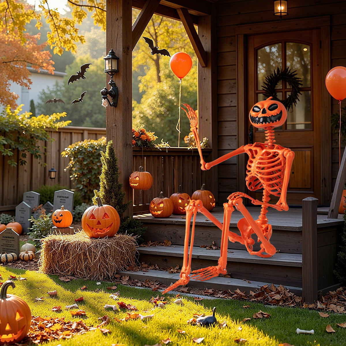 5.2 FT Orange Life-Size Poseable Halloween Skeleton with Pumpkin Head and Movable Joints view 3