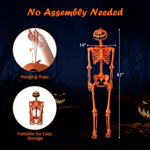 5.2 FT Orange Life-Size Poseable Halloween Skeleton with Pumpkin Head and Movable Joints view 5