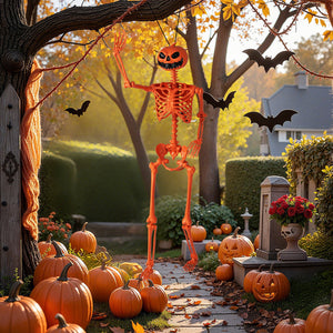 5.2 FT Orange Life-Size Poseable Halloween Skeleton with Pumpkin Head and Movable Joints view 6