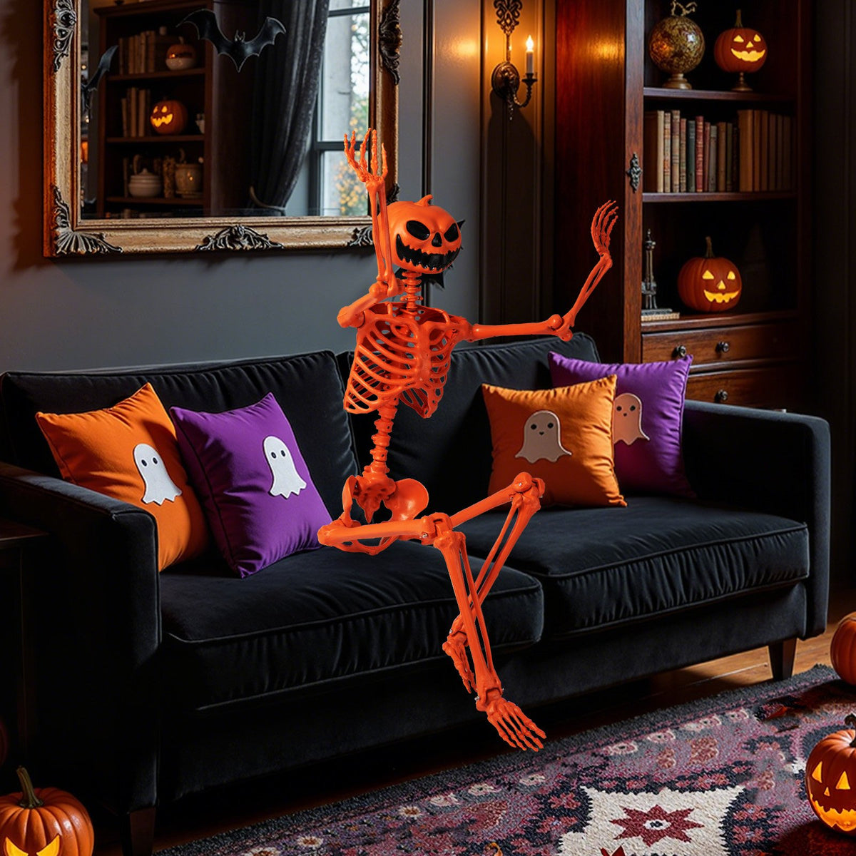 5.2 FT Orange Life-Size Poseable Halloween Skeleton with Pumpkin Head and Movable Joints view 7