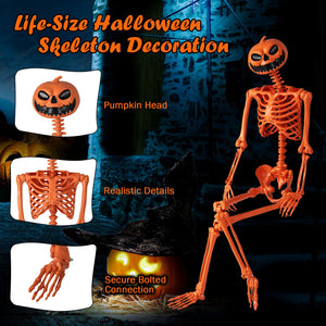 5.2 FT Orange Life-Size Poseable Halloween Skeleton with Pumpkin Head and Movable Joints view 8