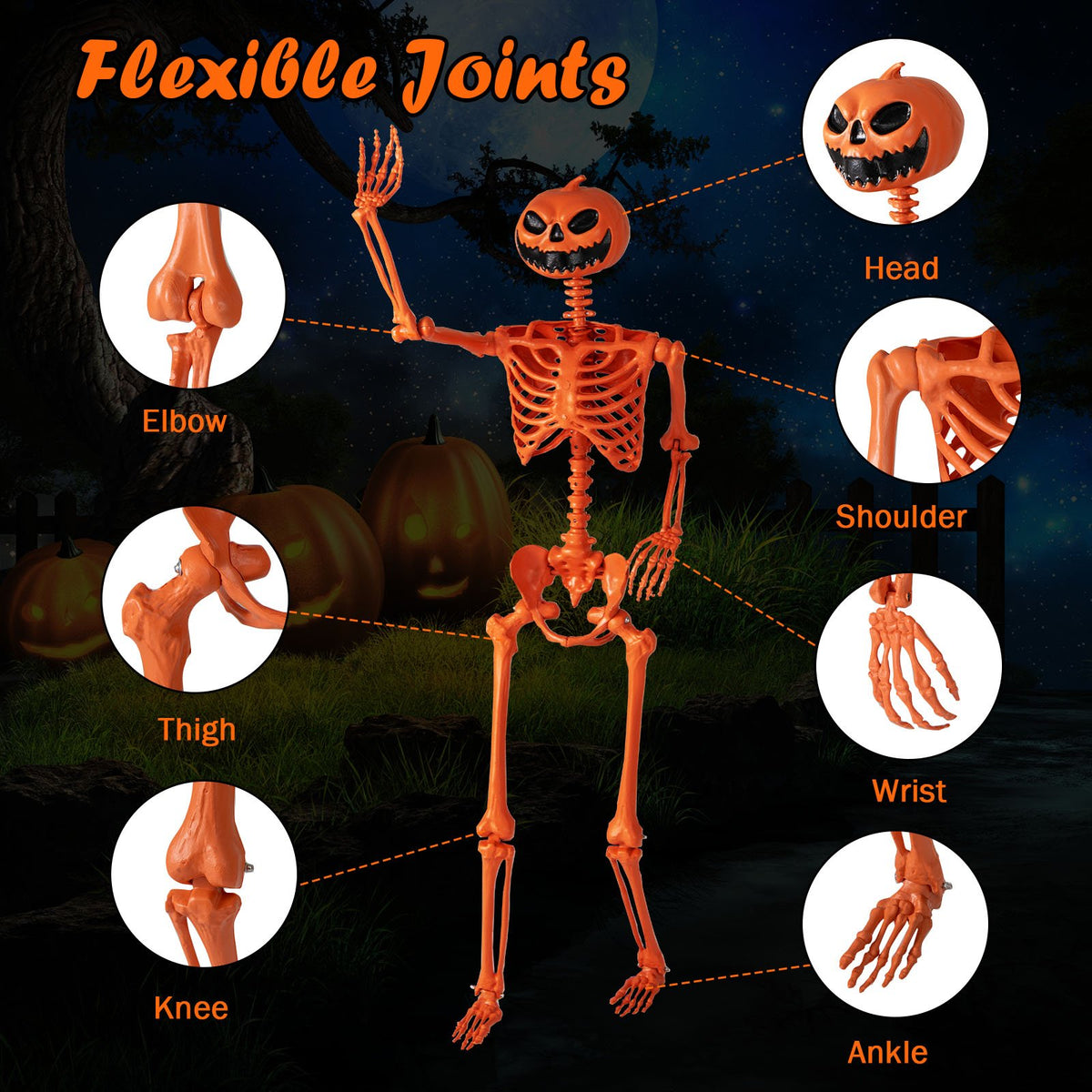 5.2 FT Orange Life-Size Poseable Halloween Skeleton with Pumpkin Head and Movable Joints view 9