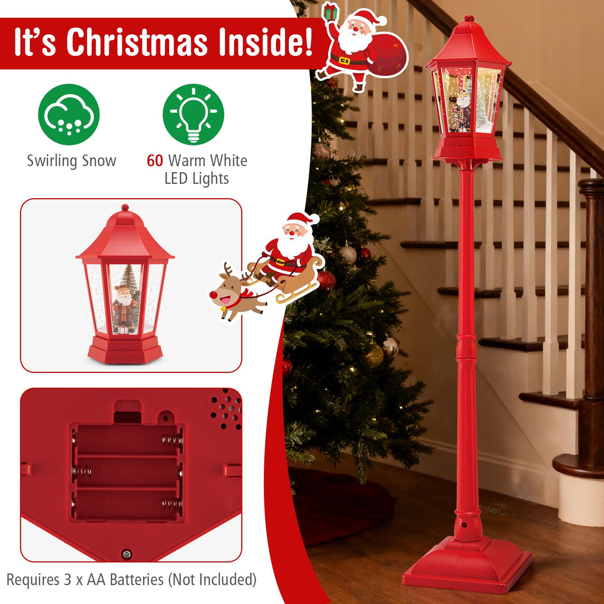 5.3 Feet Musical Christmas Street Lamp with 60 Warm White LED Lights-Red view 7