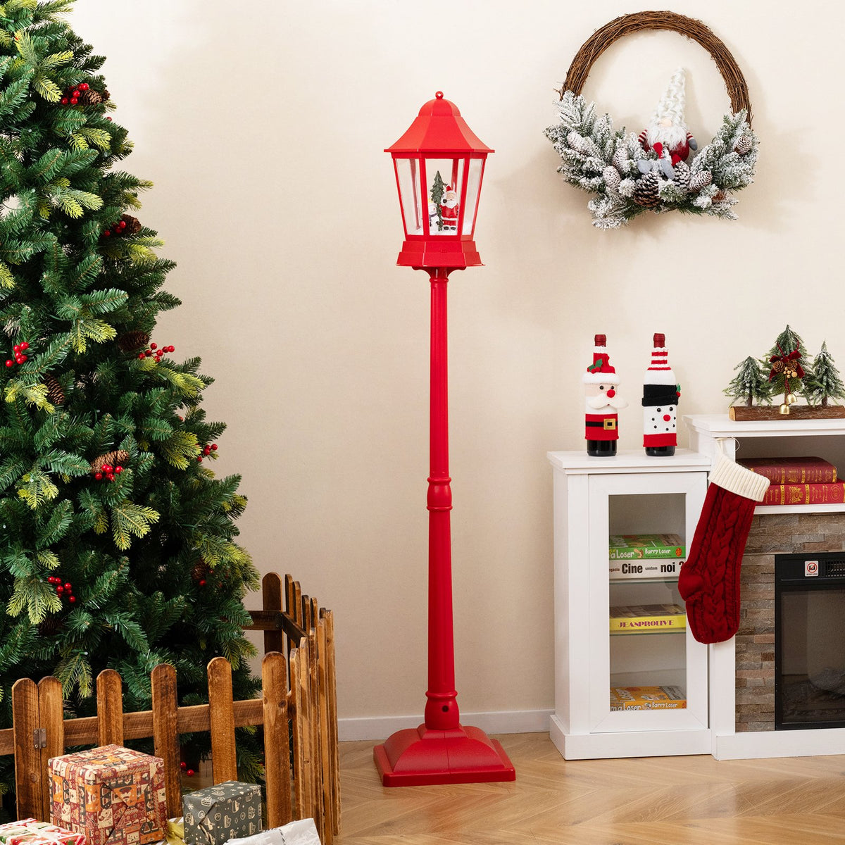 5.3 Feet Musical Christmas Street Lamp with Blowing Snow and LED Lights-Red view 2