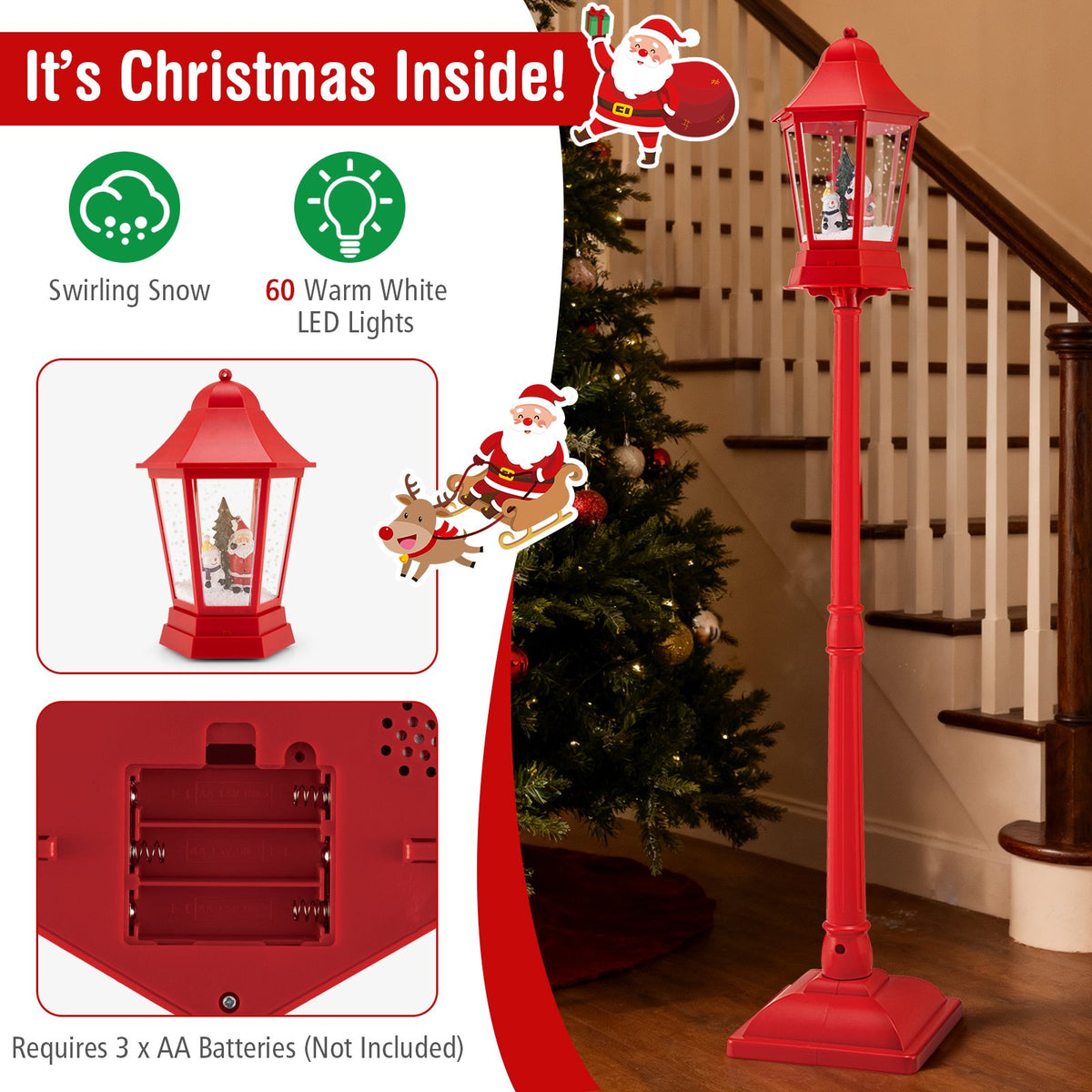 5.3 Feet Musical Christmas Street Lamp with Blowing Snow and LED Lights-Red view 8