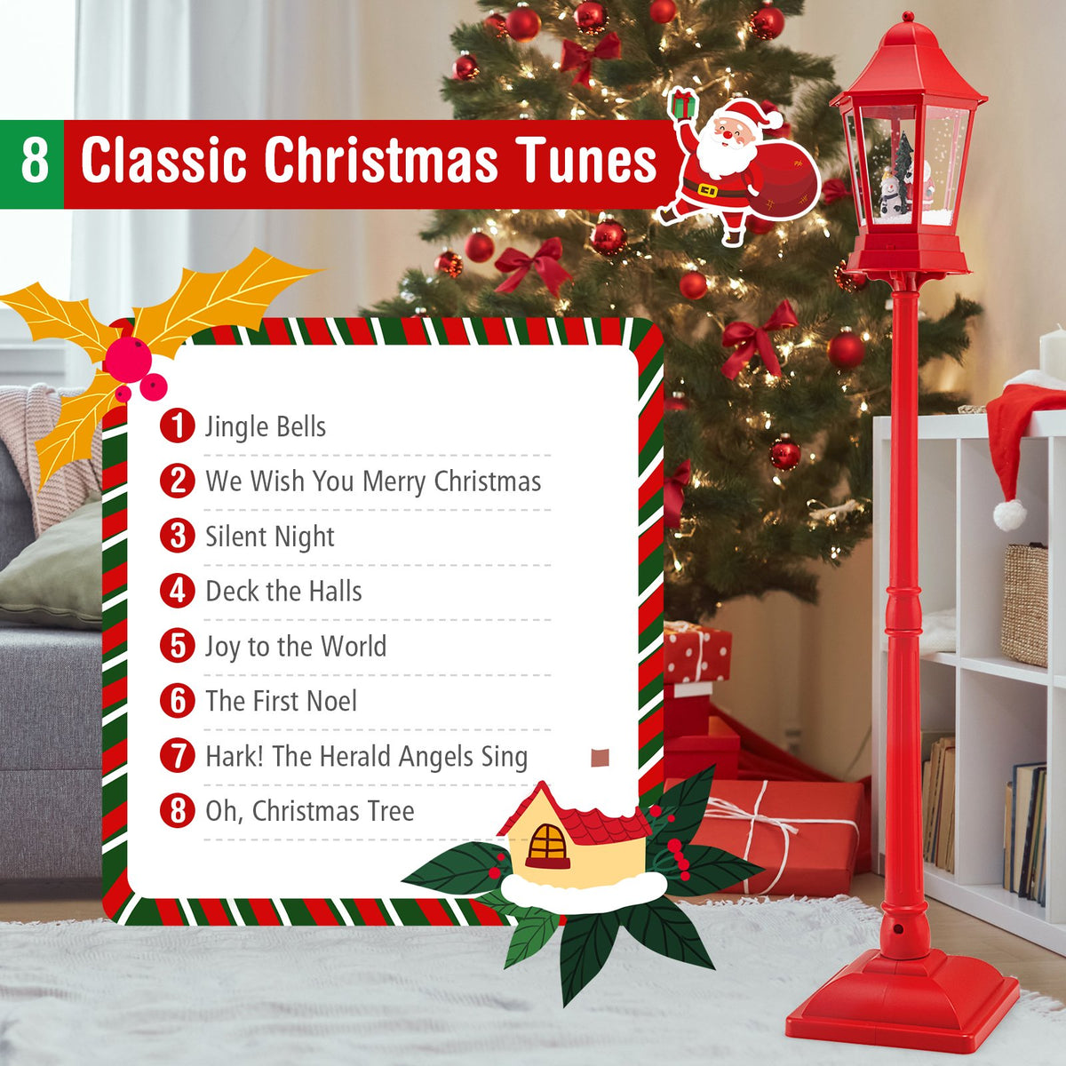 5.3 Feet Musical Christmas Street Lamp with Blowing Snow and LED Lights-Red view 9