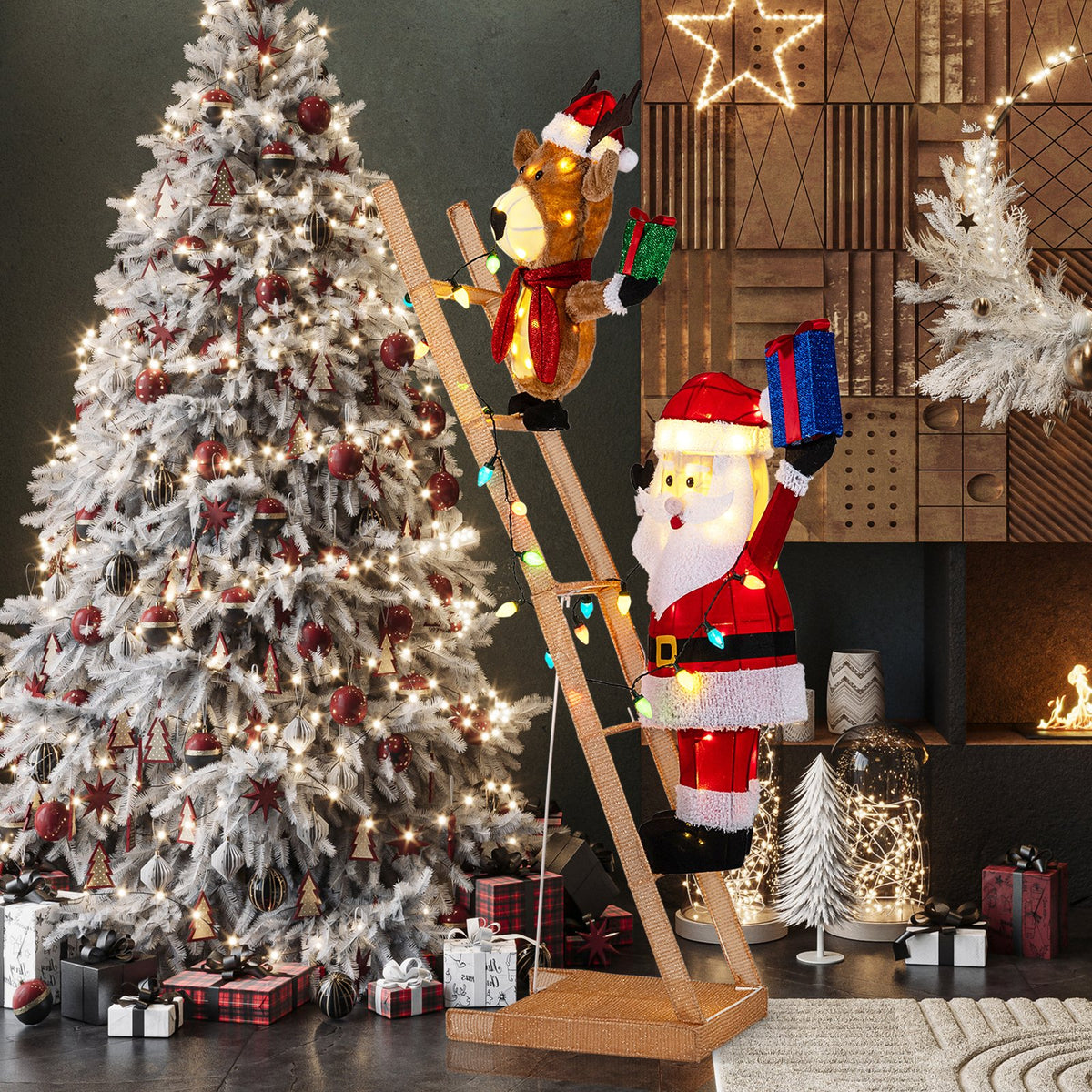 5.5 Feet Christmas Lighted Reindeer and Santa Claus on Ladder with 100 LED Lights view 2