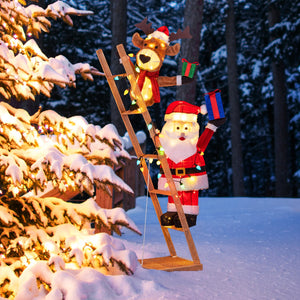 5.5 Feet Christmas Lighted Reindeer and Santa Claus on Ladder with 100 LED Lights view 3