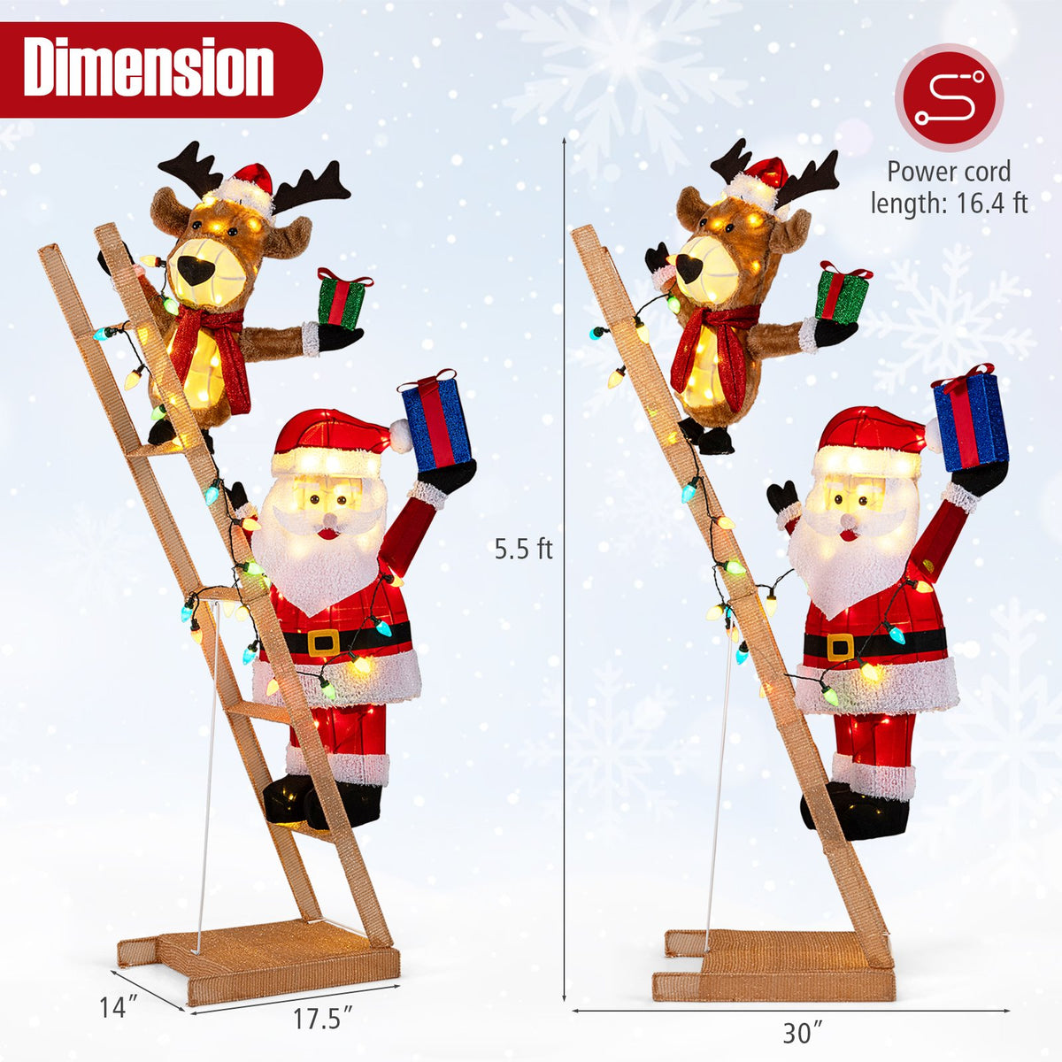 5.5 Feet Christmas Lighted Reindeer and Santa Claus on Ladder with 100 LED Lights view 4