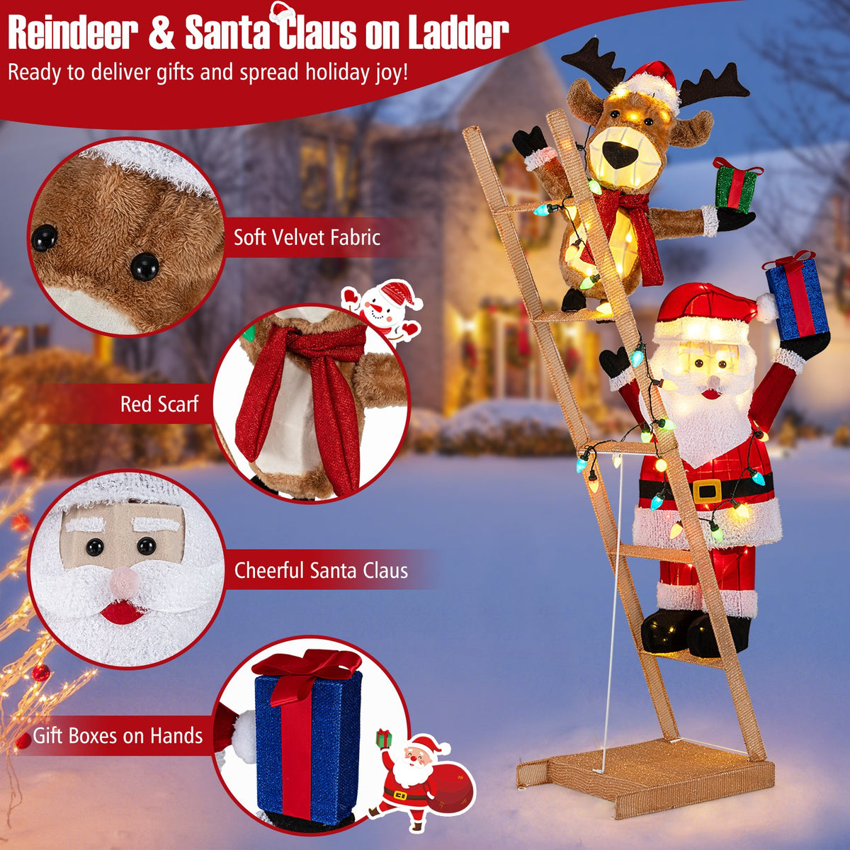 5.5 Feet Christmas Lighted Reindeer and Santa Claus on Ladder with 100 LED Lights view 6