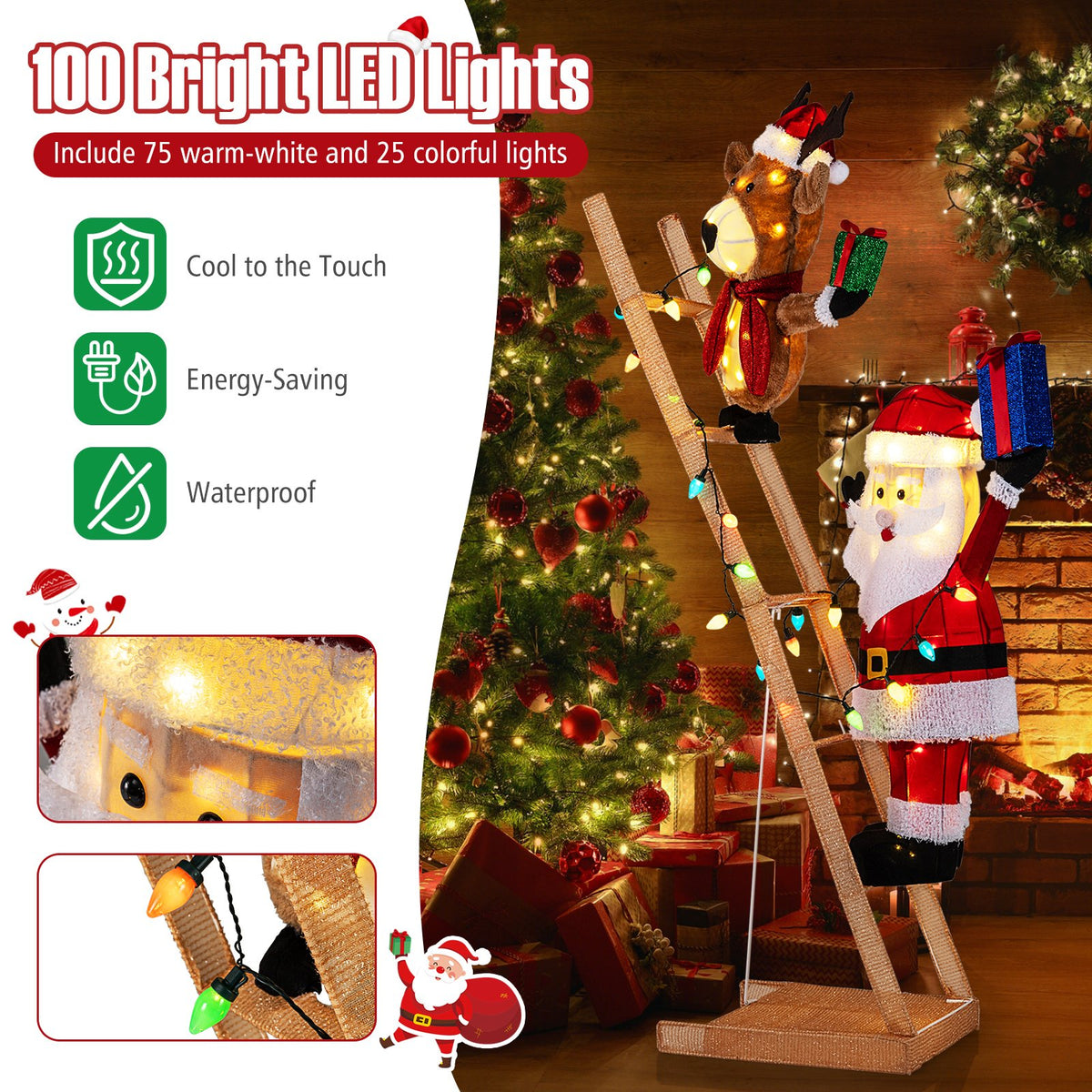 5.5 Feet Christmas Lighted Reindeer and Santa Claus on Ladder with 100 LED Lights view 7