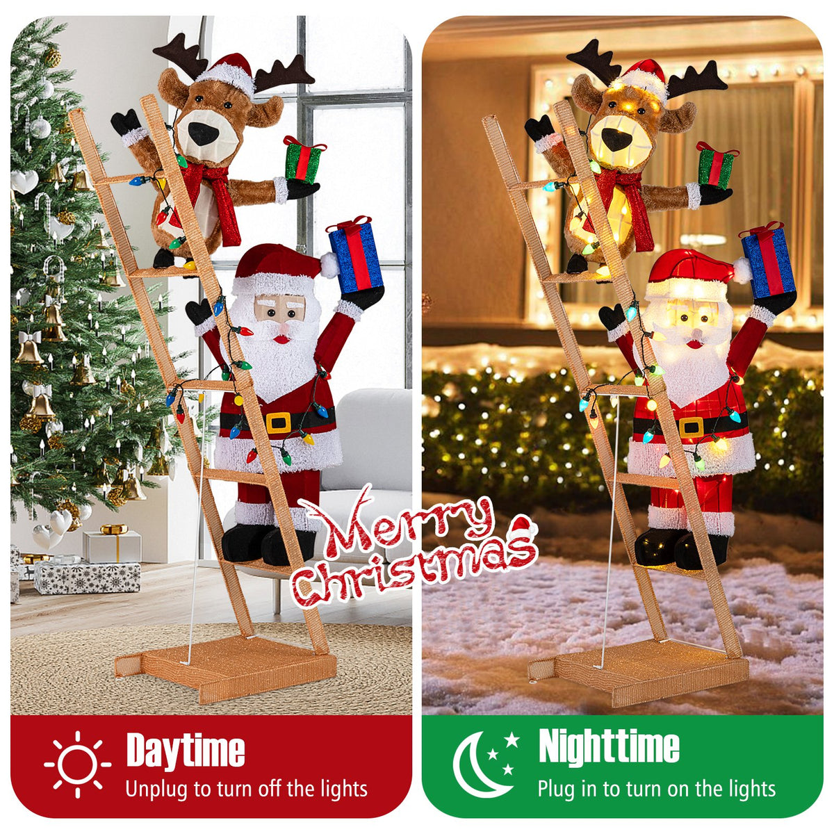 5.5 Feet Christmas Lighted Reindeer and Santa Claus on Ladder with 100 LED Lights view 9