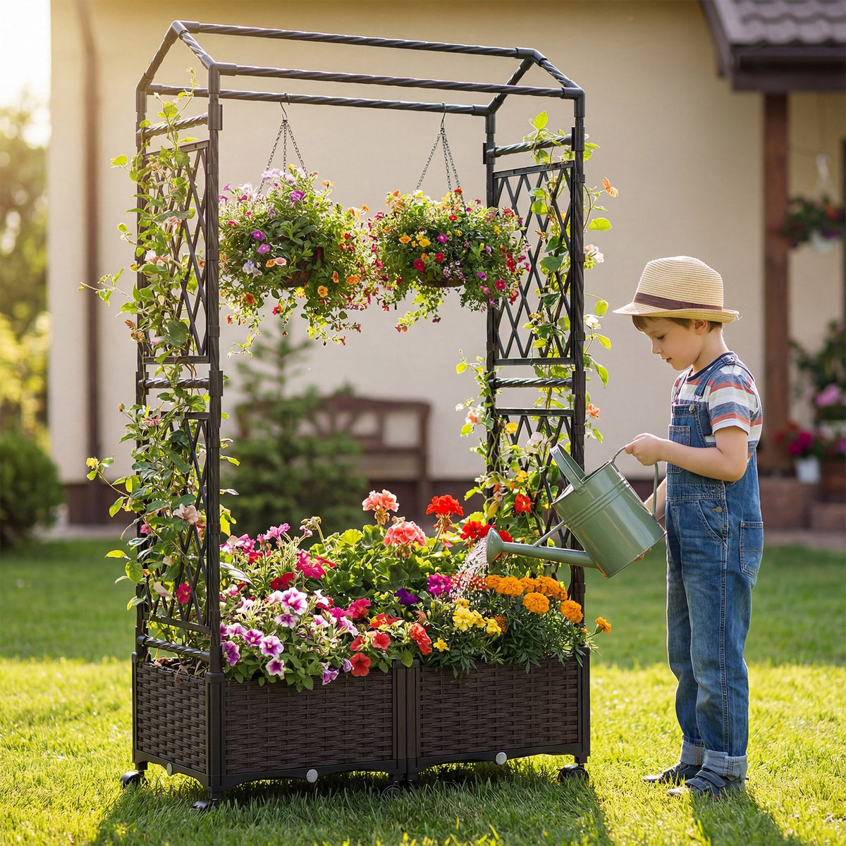 5.5 FT Self-Watering Planter Boxes with Lattice Trellis and Roof-Brown view 3