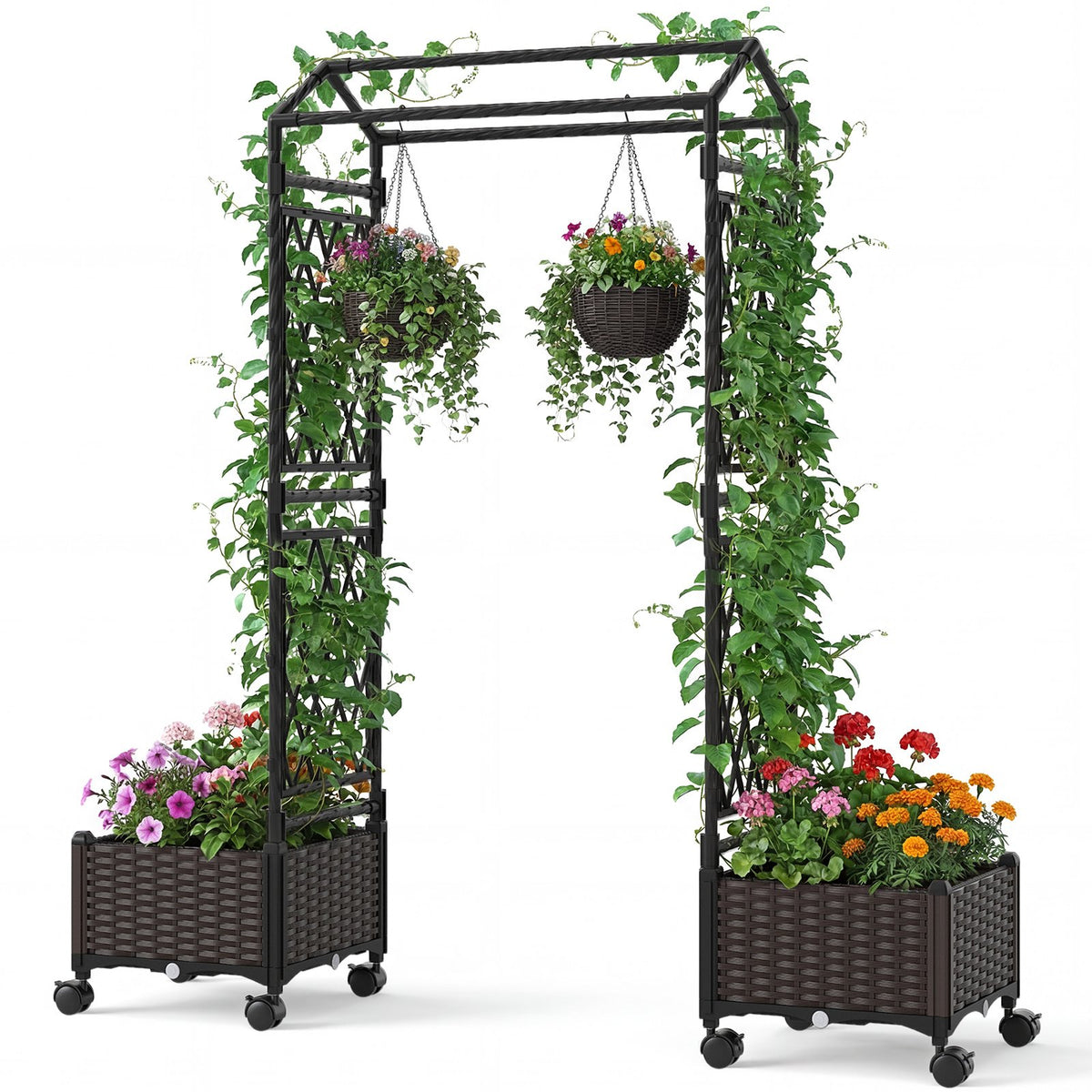 5.5 FT Self-Watering Planter Boxes with Lattice Trellis and Roof-Brown view 4