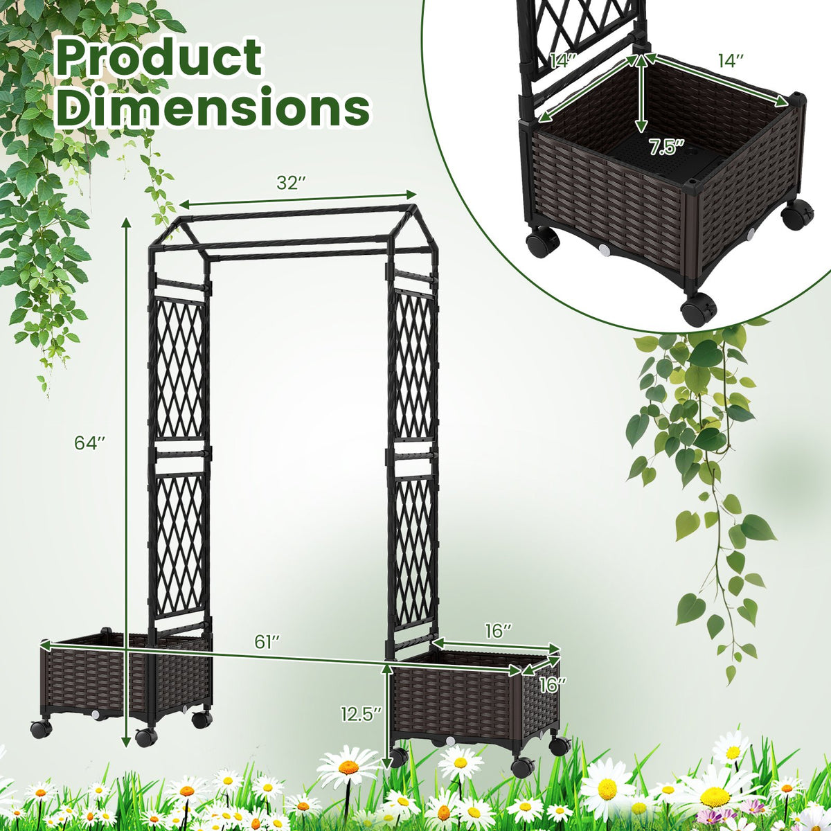 5.5 FT Self-Watering Planter Boxes with Lattice Trellis and Roof-Brown view 5