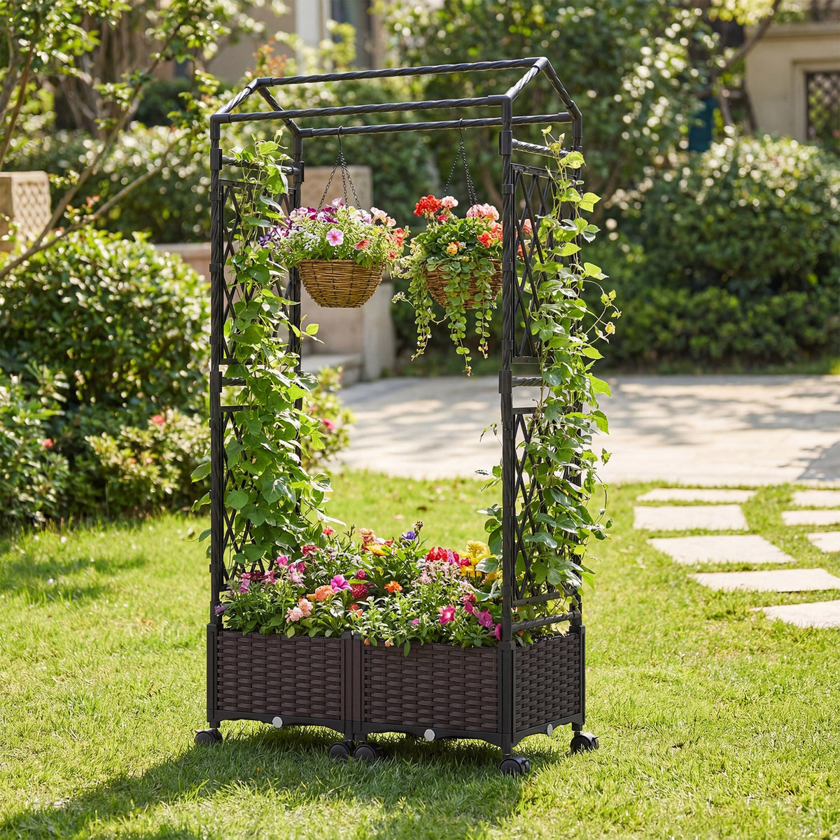5.5 FT Self-Watering Planter Boxes with Lattice Trellis and Roof-Brown view 7