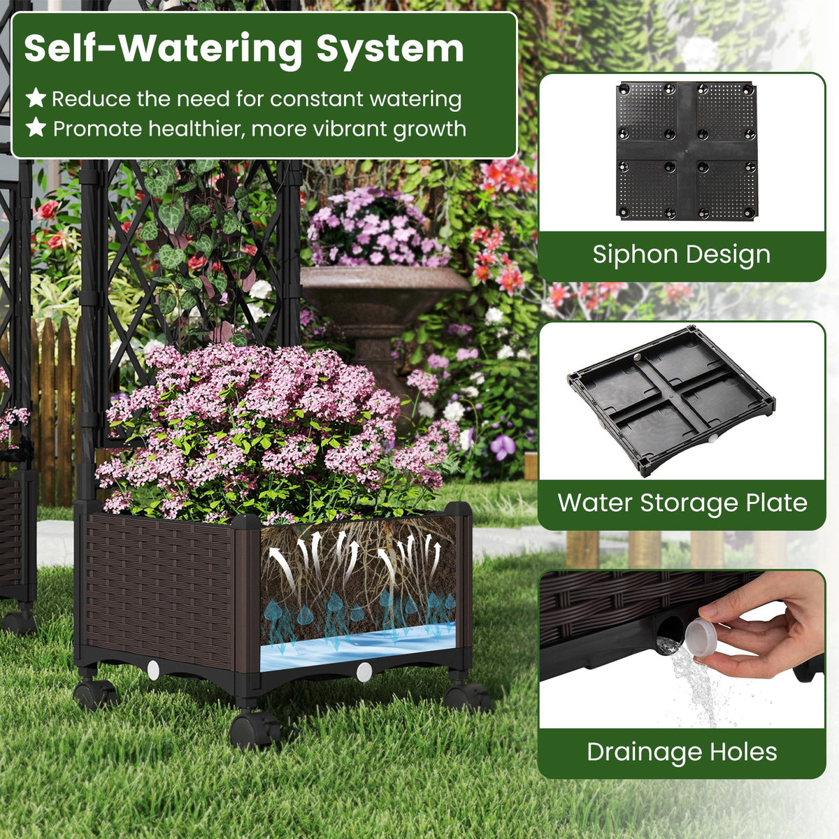 5.5 FT Self-Watering Planter Boxes with Lattice Trellis and Roof-Brown view 8