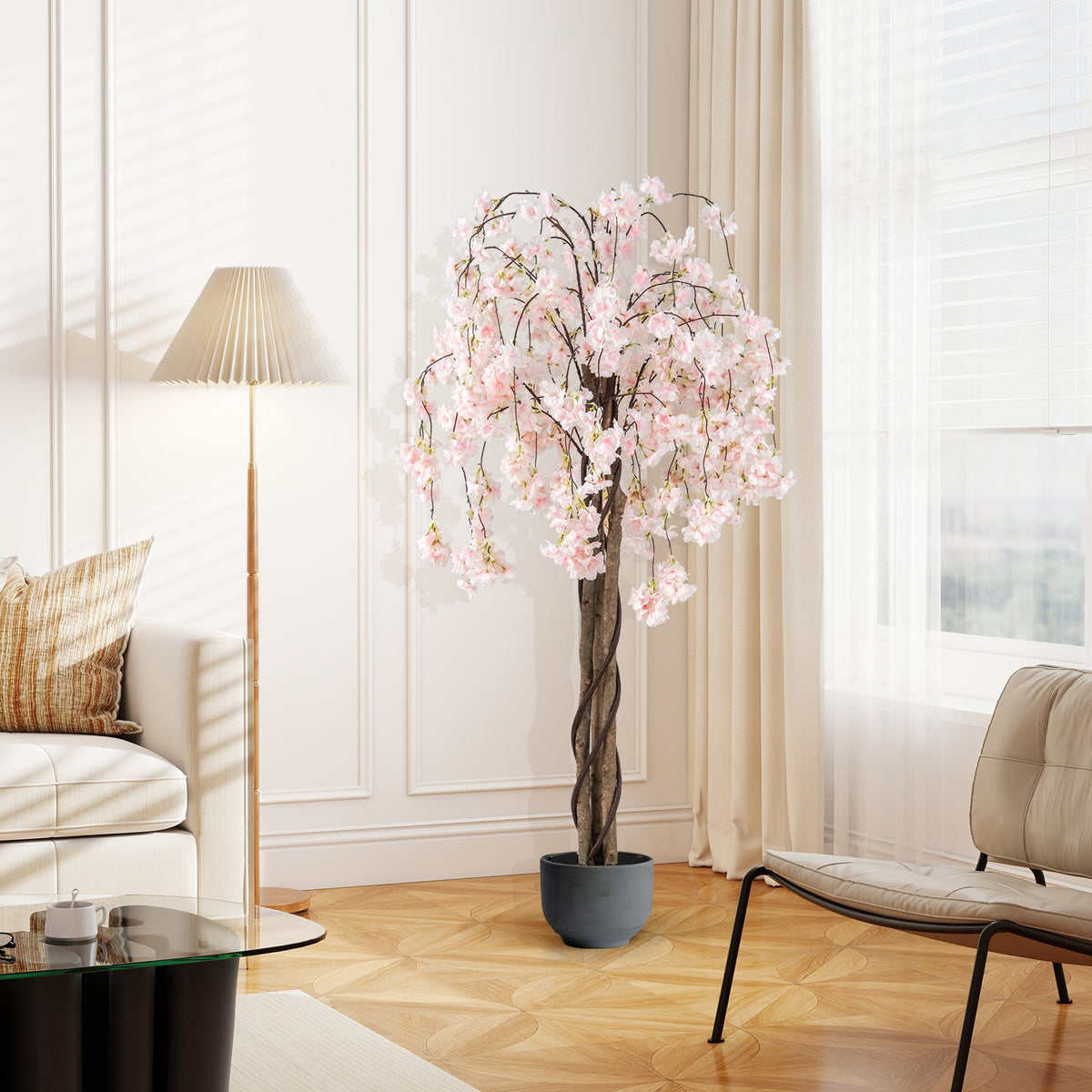5.5 FT Tall Artificial Cherry Blossom Tree with Pink/White Flowers 2 Pack-White view 3