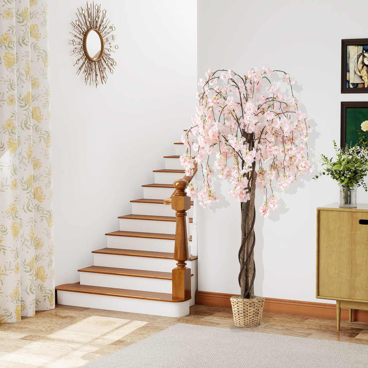 5.5 FT Tall Artificial Cherry Blossom Tree with Pink/White Flowers 2 Pack-White view 5