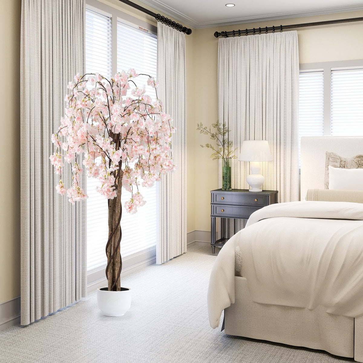 5.5 FT Tall Artificial Cherry Blossom Tree with Pink/White Flowers 2 Pack-White view 6