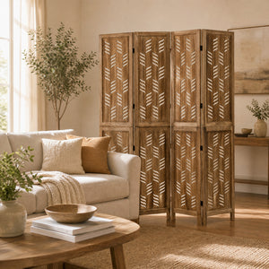 5.5 FT Tall Room Divider 4 Panels with Wave Cutout & Paulownia Frame for Room-Brown view 2