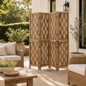 5.5 FT Tall Room Divider 4 Panels with Wave Cutout & Paulownia Frame for Room-Brown view 3