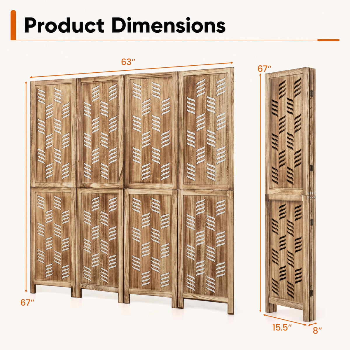 5.5 FT Tall Room Divider 4 Panels with Wave Cutout & Paulownia Frame for Room-Brown view 4