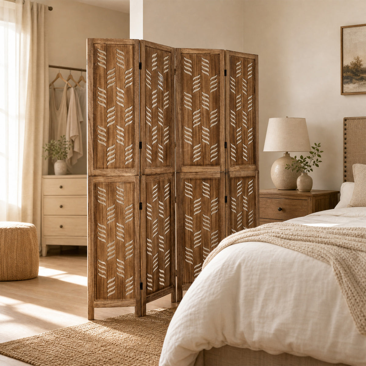 5.5 FT Tall Room Divider 4 Panels with Wave Cutout & Paulownia Frame for Room-Brown view 5