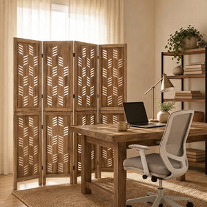 5.5 FT Tall Room Divider 4 Panels with Wave Cutout & Paulownia Frame for Room-Brown view 6