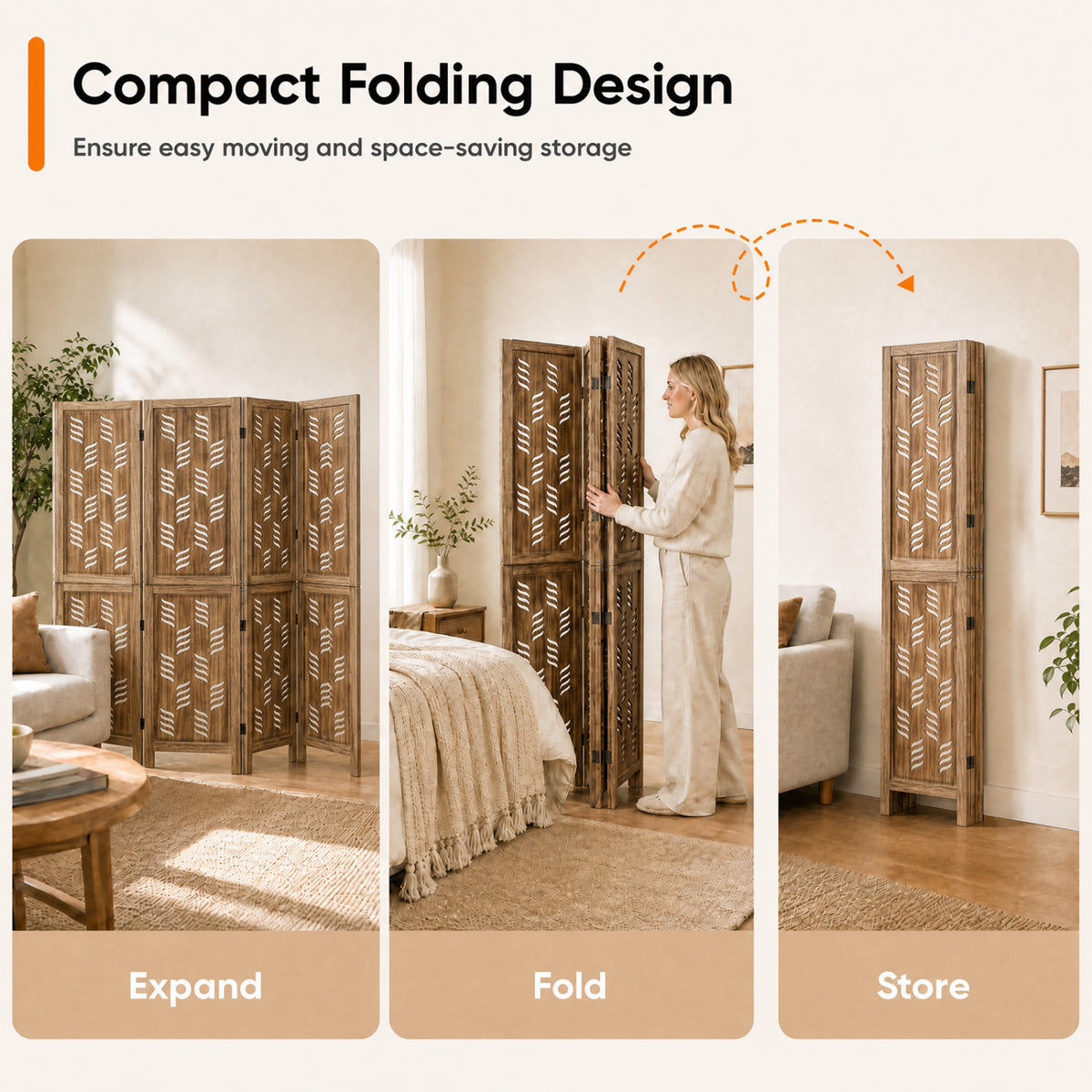 5.5 FT Tall Room Divider 4 Panels with Wave Cutout & Paulownia Frame for Room-Brown view 7