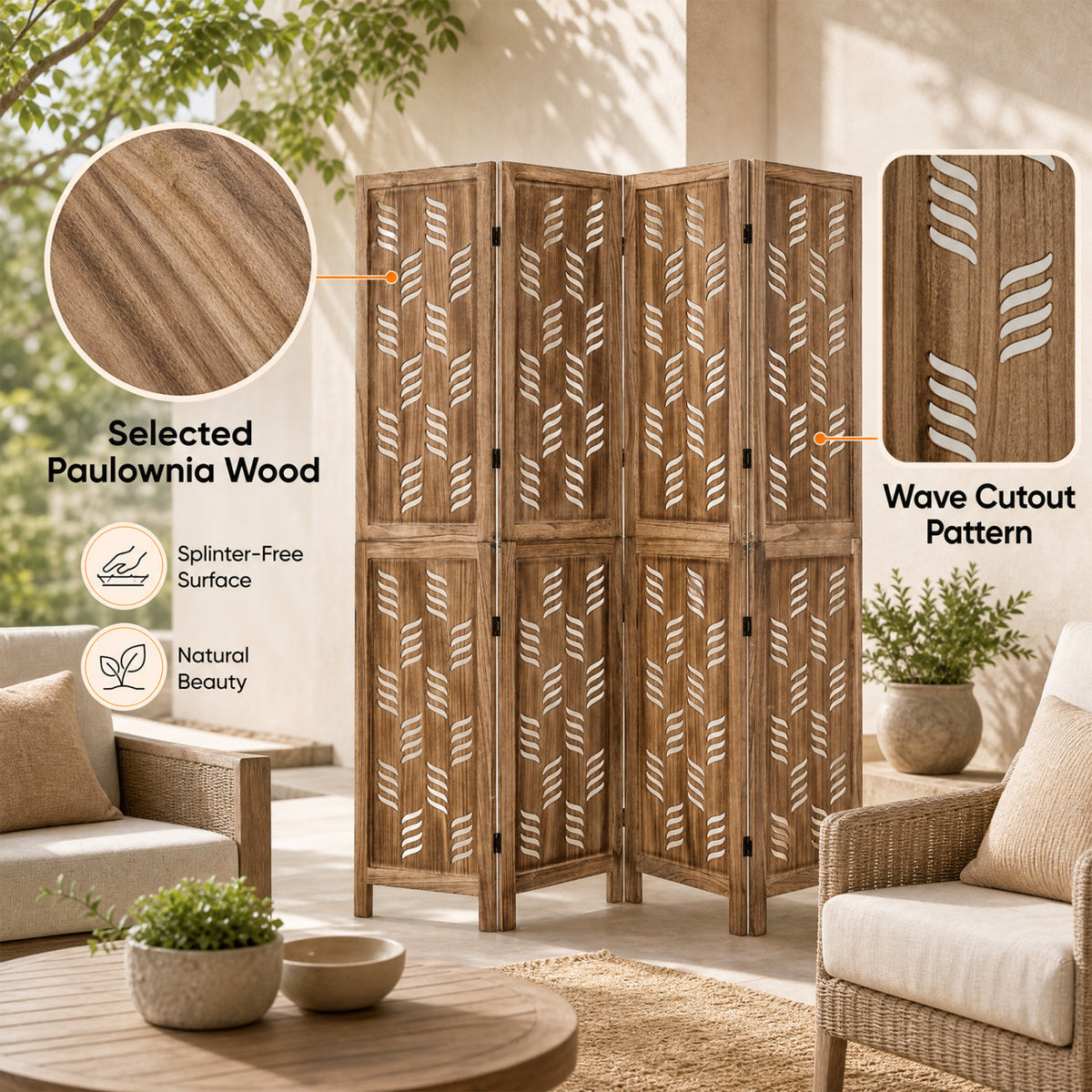 5.5 FT Tall Room Divider 4 Panels with Wave Cutout & Paulownia Frame for Room-Brown view 8