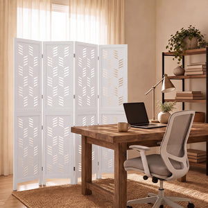 5.5 FT Tall Room Divider 4 Panels with Wave Cutout & Paulownia Frame for Room-White view 2